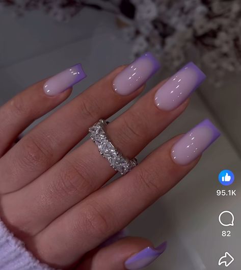 Lavender Nail Designs Short, Purple Nails With Initial, Lavender Nails Square, Purple And White French Tip Nails, Medium Purple Nails, Light Purple French Tips, Purple Nail Ideas Acrylic, Lilac And Silver Nails, Light Purple French Tip Nails