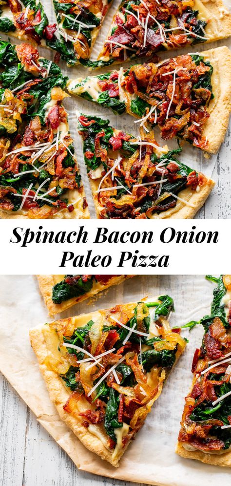 Dairy Free Pizza Toppings, Dairy Free Cheese Sauce, Dairy Free Pizza Recipe, Paleo Pizza Recipes, Paleo Pizza Crust, Dairy Free Pizza, Caramelized Onions Recipe, Spinach Pizza, Paleo Pizza