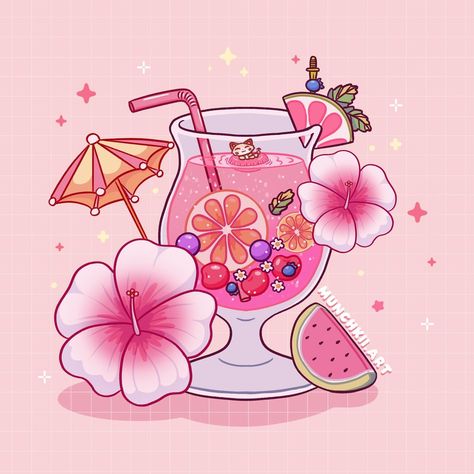 🌺 did some say fruity drinks? No? Just me? Okay 😂😂 had to put my lil kitty floating in the drink cause who wouldnt wanna be in theree 😂 🍒🍇🍉… | Instagram Pink Drink Drawing, Strawberry Aesthetics, Ncndr Wallpaper, Drinking Drawing, Drinks Drawing, Acnh Garden, Sticker Typography, Drinks Art, Drink Art