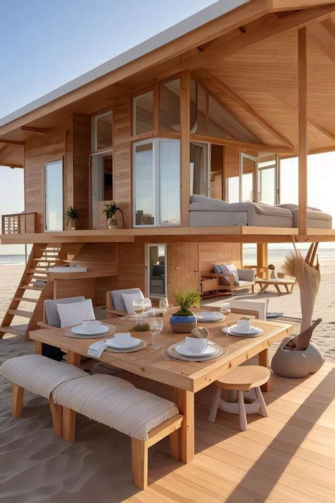 Resort House Design, Small Modern Beach House, Small Beach House Exterior, Tiny House Beach, Small Beach House, Beach Tiny House, Resort House, House On The Beach, Tiny Beach House