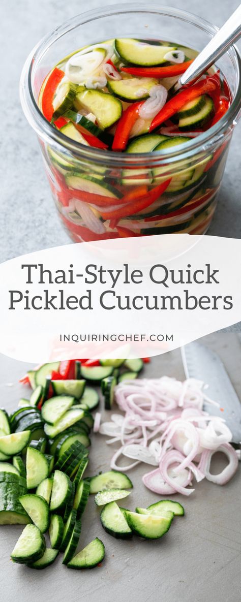 Thai Chicken Satay, Pickled Cucumbers, Quick Pickled, Quick Side Dishes, Quick Pickled Cucumbers, Cucumbers And Onions, Chicken Satay, Pickled Veggies, Savory Chicken