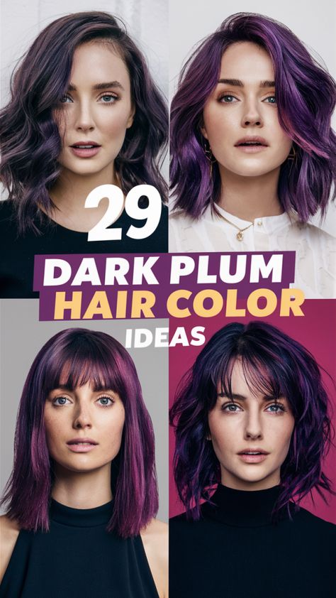 25 Stunning Dark Plum Hair Color Ideas for 2024: From Highlights to Bold Transformations Black Hair With Plum Highlights, Purple Hair With Black Tips, Plum Highlights On Dark Hair, Dark Hair Dye Ideas, Deep Plum Hair Color, Purple Plum Hair, Burgundy Plum Hair Color, Dark Plum Hair Color, Plum Hair Color Ideas