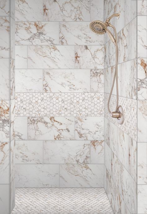 Calacutta Bianco Porcelain Tile Bathroom, Tile Ideas For Bathroom Walls, Marble Vs Porcelain Tile, Large Porcelain Tile Shower Walls, Carrera Tile Bathroom, Large Marble Tile Shower Walls, Marble Shower Tile Ideas, Porcelain Tile Floor Bathroom, Bathroom Shower Floor Tile Ideas