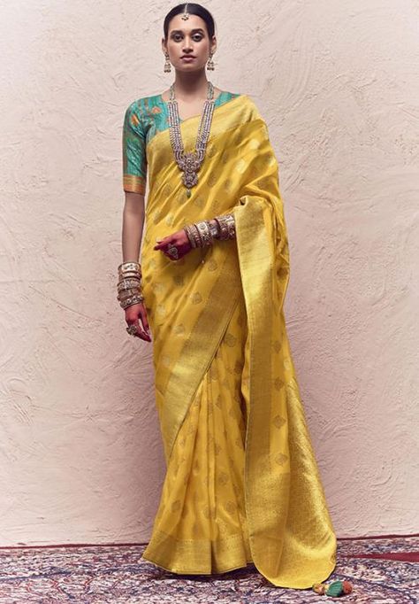 Lemon Yellow Pure Crepe Dola Silk Saree Dola Silk Saree, Yellow Saree, Half Sleeve Blouse, Art Silk Sarees, Fancy Blouses, Zari Work, Indian Sari, Traditional Sarees, Yellow Fabric