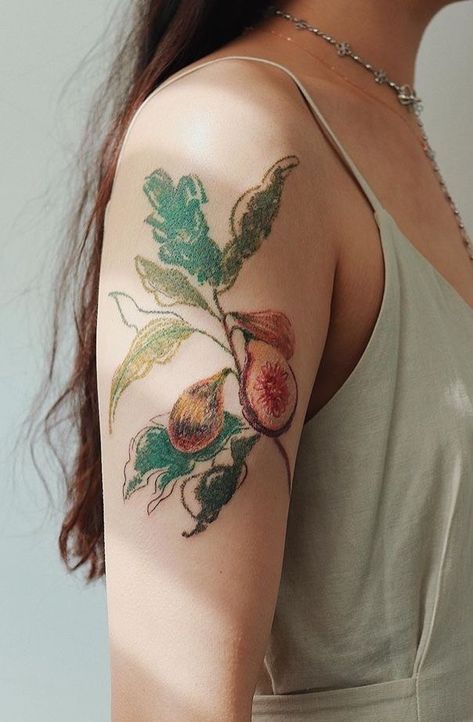 Mismatched Tattoo Styles, Cool Colored Tattoos, Impressionism Tattoo, Gong Greem Tattoo, Green Ink Tattoo, Fig Tree Tattoo, Green Tattoo Ink, Fig Tattoo, Green Tattoo