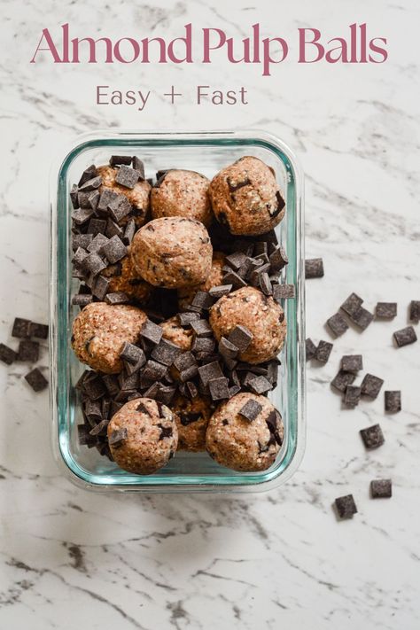 Make these chocolate chip energy balls with only wholesome ingredients! Any remaining ground almonds after making almond milk make these no bake bites! Almond Pulp Energy Balls, Chocolate Chip Energy Balls, No Bake Bites, Making Almond Milk, Almond Pulp Recipes, Almond Butter Oatmeal, High Energy Snacks, Oatmeal Balls, Make Almond Milk