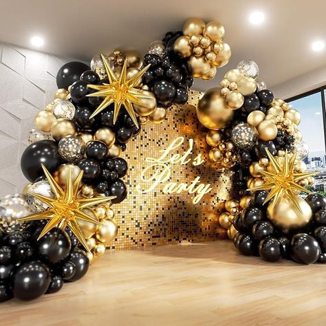 Amazon.com: FOTIOMRG Black and Gold Balloons Garland Arch Kit, 5 10 12 18inch Black Gold Confetti Latex Balloons for 2024 Graduation New Year Anniversary Birthday Party Decorations : Toys & Games Black White Gold Balloons With Flowers, Black Gold Balloon Ring, Black And Gold Balloon Ring Backdrop, Black And Gold Party Decorations, Black And Gold Birthday, Black And Gold Balloons, Ballon Party, 1920s Party, New Years Wedding