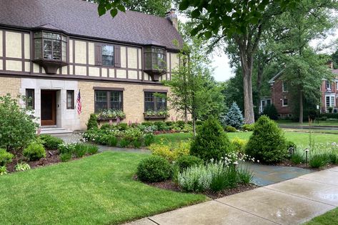 Award Winner: Evanston Tudor Revival - Nature's Perspective Landscaping English Tudor House, Frontyard Landscape Layout, Frontyard Landscape, Garage Windows, Landscape Layout, Front Stoop, Front Walk, Residential Landscape, Tudor Revival