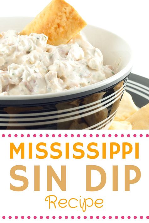 Mississippi Sin Dip recipe is filled with cheese, ham, sour cream and other delicious ingredients. This Mississippi Sin Dip is served in a bread bowl. Delicious food appetizer perfect for summer party food. Easy make ahead dip recipe for game day, potluck recipes. Mississippi Sin Dip Recipe, Easy Dips For A Party Appetizers, Party Dips Easy Crowd Pleasers, Summer Dips And Appetizers, Easy Football Snacks, Summer Dip Recipes, Summer Party Food, Sin Dip, Mississippi Sin Dip