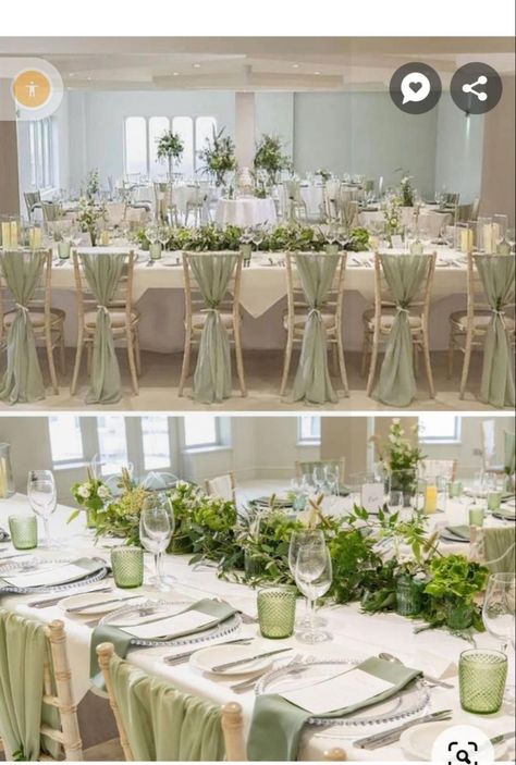 Wedding Table Decor Sage Green, Sage Wedding Chairs, White And Sage Table Settings, Sage Green Wedding Ideas Decor, Quinceanera Themes Sage Green, Sage Theme Party, Sage Green Wedding Reception Decor, Sage Green Decor Wedding, Safe Green Wedding Decor