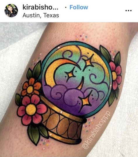 Crystal Ball Tattoo, Colorful Tattoo, Bright Tattoos, Crystal Tattoo, Flash Tattoo Designs, Spooky Tattoos, Flash Tattoos, Spiritual Tattoos, Now Booking