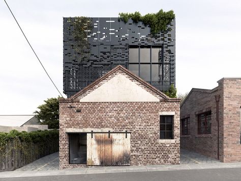 the adaptive reuse project sees the listed façade being kept and the metal insertion placed within and set back at 1.3 meters. Dko Architecture, Interior Design Blogs, Houses Architecture, Warehouse Home, Metal Facade, Top Architects, Australian Architecture, Brick Facade, Adaptive Reuse