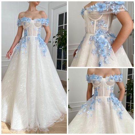 Wedding Dress With Blue Flowers, Pastel Blue Wedding, Fairy Gown, Pretty Lace Dresses, Flower Pattern Dress, Senior Prom Dresses, Wedding Dresses With Flowers, Top Wedding Dresses, Blue Wedding Dresses