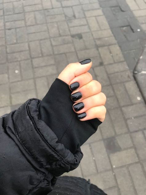 Black nails are always pretty😌 Black Nail Polish Short Nails, Short Natural Nail Designs Black, Black Painted Nails Aesthetic, Really Short Black Nails, Black Nails Painted, Men With Black Nails, Black Nails Asthetics, Black Nails Natural Short, Natural Painted Nails Short