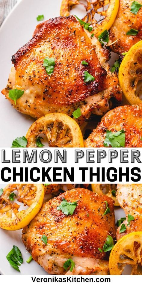 Oven baked chicken thighs with grilled lemon slices on a plate. Chicken Leg Healthy Recipes, Lemon Pepper Chicken Thighs, Chicken Thighs In Oven, Baked Lemon Pepper Chicken, Lemon Chicken Thighs, Baked Lemon Chicken, Marinated Chicken Thighs, Chicken Leg Recipes, Roasted Chicken Thighs