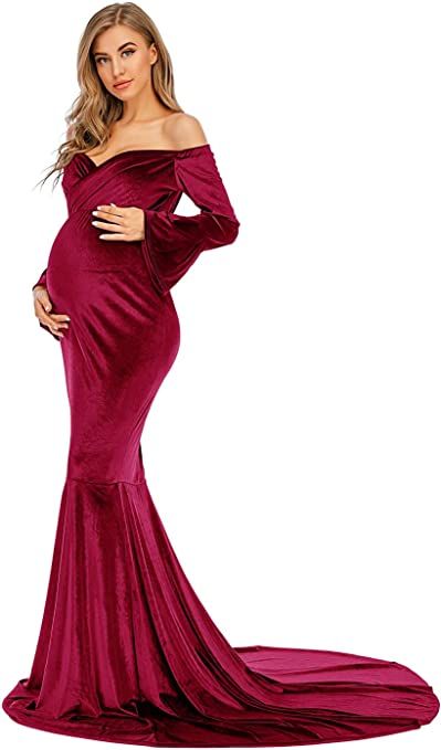 ZIUMUDY Velvet Fitted Maternity Dress for Photo Shoot Bell Sleeves Long Train Maternity Gown for Baby Shower Maternity Photo Shoot Dresses, Fitted Maternity Dress, Train Silhouette, Long Sleeve Maternity Dress, Maternity Gown, Photoshoot Dress, Maternity Gowns, Neckline Designs, Long Train