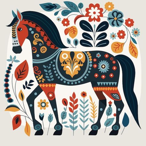 Folk Horse Illustration, Horse Illustration Design, Cute Horse Illustration, Horse Illustration Art, Horses Illustration, Scandinavian Horse, Horse Art Painting, Horse Folk Art, Illustration Horse