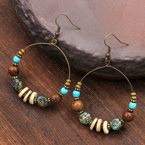 Vintage Bohemian Big Circle Earrings for Women Ethnic Wood Bead Turquoises Natural Stone Drop Earrings Female Vacation Jewelry Big Circle Earrings, Wooden Bead Earrings, Vacation Jewelry, Stone Drop Earrings, Hippie Earrings, Bohemian Earrings, Circle Earrings, Vintage Bohemian, Round Earrings