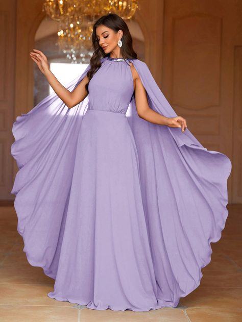 Lilac Purple  Collar Extra-Long Sleeve Chiffon Plain A Line Embellished Non-Stretch All Weddings & Events Lilac Dress Sleeves, Purple Long Dress Formal, Lilac Dress Outfit Wedding, Purple Gown Elegant, Lilac Purple Dress, Lilac Dresses, Evening Gowns Online, Elegant Dressing, Violet Dress