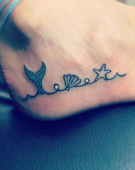 Small Tattoos Mermaid, Small Mermaid Tail Tattoo, Mermaid Tail Tattoo Simple, Cruise Tattoo Ideas, Minimalist Mermaid Tattoo, Tiny Mermaid Tattoo, Simple Mermaid Tattoo, Simple Beach Tattoo, Mermaid Tattoo Ideas For Women