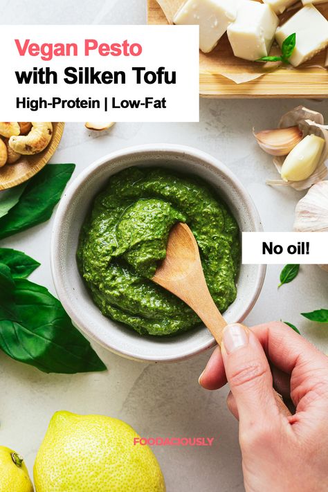 homemade vegan basil pesto with silken tofu and cashews no oil Tofu Pesto Sauce, Silken Tofu Sauce Recipes, Silken Tofu Recipes, What Is Tofu, Vegan Pesto Sauce, Vegan Pesto Recipe, Tofu Sauce, Pesto Sauce Recipe, Basil Pasta Sauce