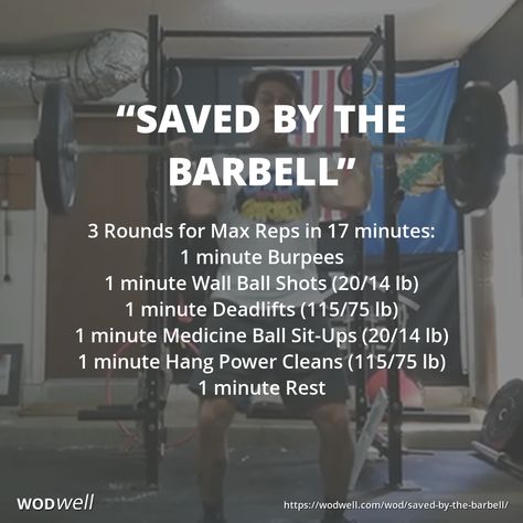 1 min of work at each station. Move to the next station after 1 min. 1-min break before repeating each round.  "Saved by the Barbell" is a [US] Labor Day weekend fundraiser workout. "Proceeds from the workout support the creation, development, and growth of CrossFit programs for kids in schools, recreation centers, and communities.. [to] fund training for teachers, put new equipment in schools, and support the health and fitness of thousands of children." Crossfit Program, Crossfit Workouts Wod, Crossfit Kids, Yoga Workout Routine, Crossfit At Home, Crossfit Wods, Wod Workout, Fundraising Tips, Crossfit Wod