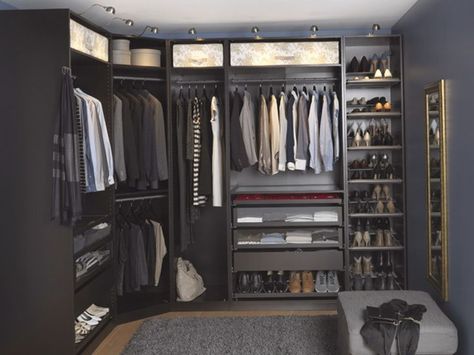 Furniture: Lovely Big U Shape Dark Grey Walk In Closet Ikea Closet Systems With Full Of Clothes Shoes Mirror And Small Chair Ikea Closet Design, Ikea Closet System, Walk In Closet Ikea, Small Closet Storage, Ikea Closet Organizer, Closet Furniture, Ikea Pax Closet, Pax Closet, Closet Ikea