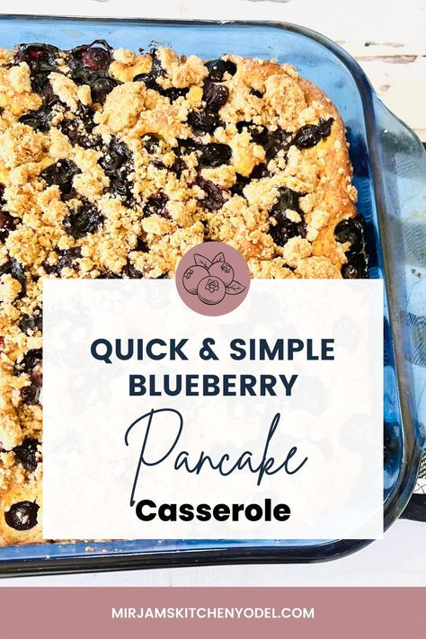 This Blueberry Pancake Casserole is thick and fluffy, has lots of blueberries, and a perfect sugary crumble on top. Add some maple syrup for serving, and you will have yourself an amazing breakfast! Blueberry Pancake Casserole Breakfast, Blueberry Pancake Bake, Breakfast Casserole Pancake, Blueberry Pancake Casserole, Blueberry Pancakes Easy, Berry Casserole, Blueberries Breakfast, Pancake Casserole, Blueberry Pancake