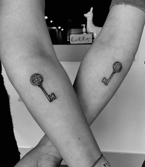 Mini Coraline Tattoo, Coraline Aesthetic Tattoo, Sick Matching Tattoos, Coraline Themed Tattoo, Tim Burton Matching Tattoos, Matching Movie Tattoos, Coraline Quote Tattoo, Emo Best Friend Tattoos, Matching Key Tattoos