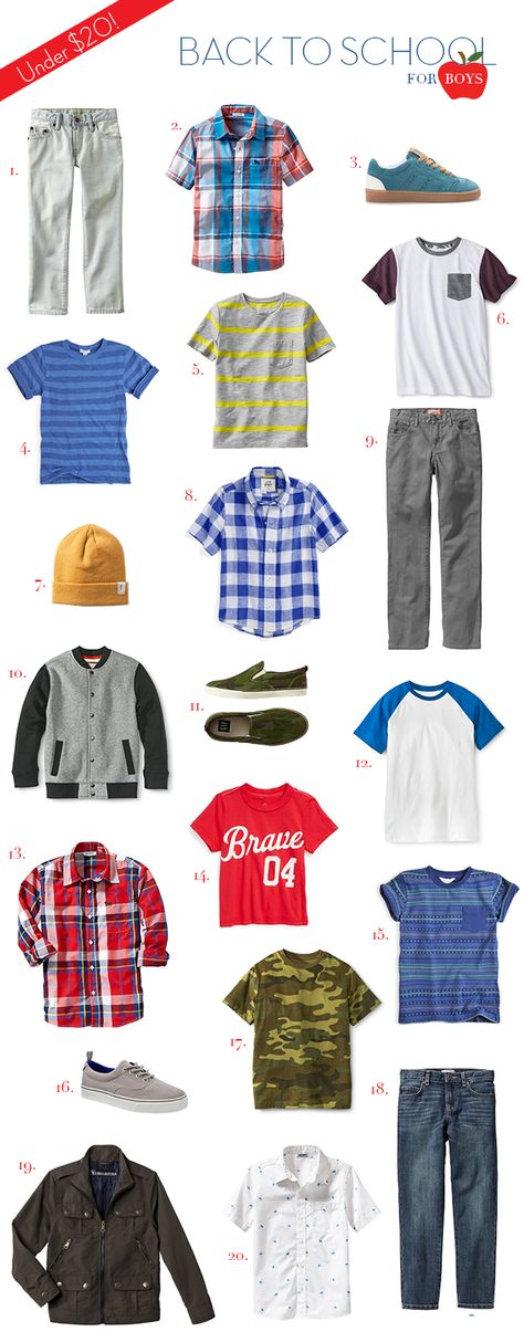 by fashion editor Ashley A quick round up of 20 finds under $20 to keep your kid looking hip for back to school! Stay tuned, next Friday I will feature the girls finds! Happy Shopping! links after the jump… 1. Bleached straight jeans $19.99 2. Plaid short sleeve shirt $10.00 3. Leather trainers $15.99 4. … School Finds, Coachella Outfits, Mom Of Boys Shirt, Boys Outfits, Teen Boy Outfits, Toddler Boy Fashion, Coachella Outfit