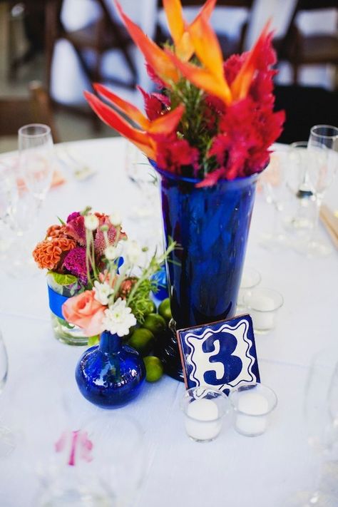 Cobalt Blue Vase Centerpieces, Blue Vase Centerpieces, Wedding Snap, Blue Vases, Tropical Floral Arrangements, Cobalt Blue Vase, Birthday Picnic, Tie The Knot, Vase Centerpieces