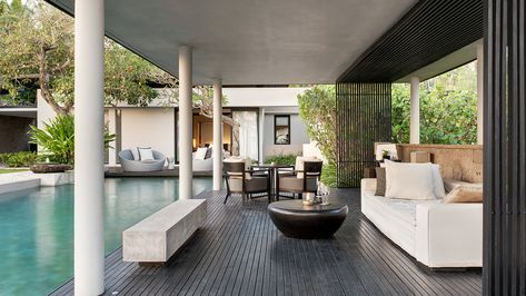 Soori Residence | Soori Bali | Luxury Boutique Villas Patio Design Ideas Layout, Court Yard Ideas, Soori Bali, Urban Courtyards, Vision Wall, Resort Interior Design, Resort Interior, Dark Grey Walls, Court Yard