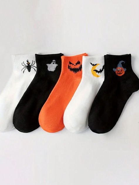 5pairs Women Multi-Color Pumpkin Face Print Breathable Comfortable Mid-Calf Socks, Suitable For All SeasonsI discovered amazing products on SHEIN.com, come check them out! Leg Warmers Socks, Kawaii Socks, Women Crew Socks, Disco Outfit, Halloween Cartoons, Women Socks, Room Stuff, Pumpkin Pattern, Calf Socks