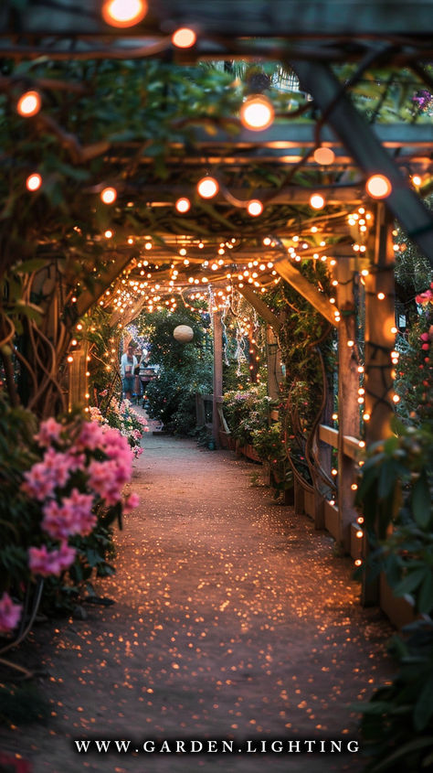 a close up of a walkway with lights and flowers on it Garden Lighting Ideas, Pool Garage, Cabinets Bedroom, Fairy Lights Garden, Tattoo Garden, Garden Decoration Ideas, Fairy Garden Plants, Garden Tattoo, Porch Flowers