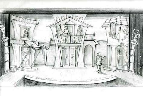 Forum Drawing Stage Design Sketch, Scenography Sketch, Theater Stage Drawing, Set Design Sketches, Theater Stage Design Drawing, Stage Drawing, Set Design Sketches Theatre, Scenic Design Sketch, Theatre Drawing