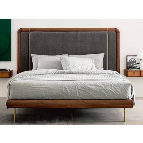 Modern Wooden Bed, Bed With Upholstered Headboard, Double Bed Designs, High Headboard, Walnut Bed, Bed Headboard Design, Upholstery Bed, Cushion Headboard, Wooden Headboard