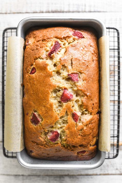 Strawberry Banana Bread is soft, moist, and delicious ~ it's everything you love about banana bread...with strawberries! Bread With Strawberries, Strawberry Banana Bread Recipe, Strawberry Banana Bread, The View From Great Island, Strawberry Bread, Loaf Cake, Baking Mix, Strawberry Banana, Breakfast Breads