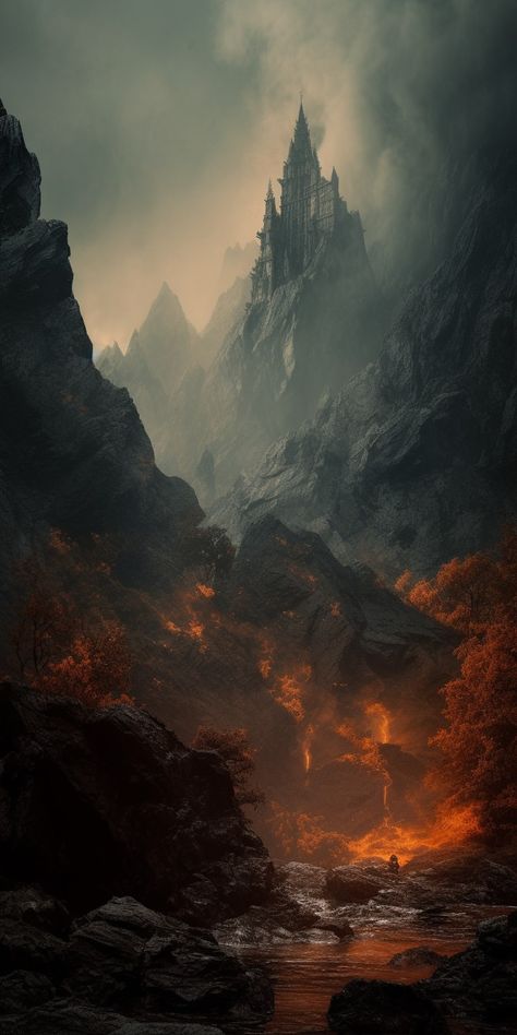 Dark Mountains, Medieval Aesthetic, Dark Fantasy Artwork, Dark Landscape, Dark Souls Art, Fantasy Background, Gothic Fantasy Art, Pretty Landscapes, Fantasy Castle