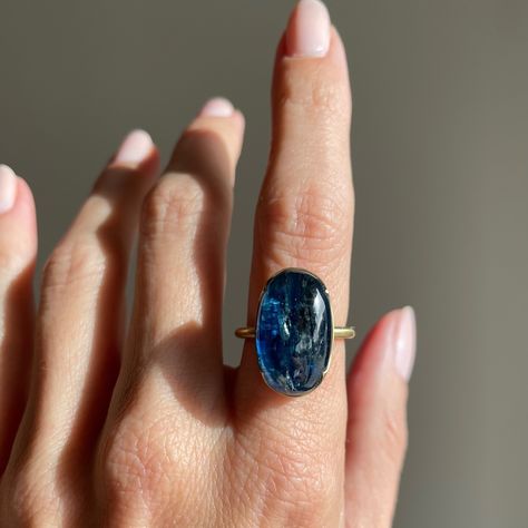 Fine Jewelry Oval Crystal Ring, Blue Oval Crystal Ring In Fine Jewelry Style, Jewelry Goals, Five Golden Rings, Blue Kyanite Jewelry, Gabriella Kiss, Black Kyanite, Golden Rings, Kyanite Ring