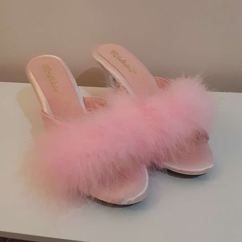 Pink Satin Faux Feather Kitten Heel Fuzzy Pink Heels, Pink Fuzzy Heels, Hot Pink Sweet 16, Pink Fur Heels, Cozy Hobbies, Fluffy Heels, Pink Kitten Heels, Fuzzy Heels, Thrifty Fashion