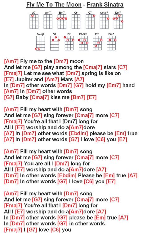 Ukulele Chords Chart, Ukulele Chords Songs, Jazz Songs, Uke Songs, Guitar Tabs Songs, Great Song Lyrics, Guitar Chords And Lyrics, Fly Me To The Moon, Music Words