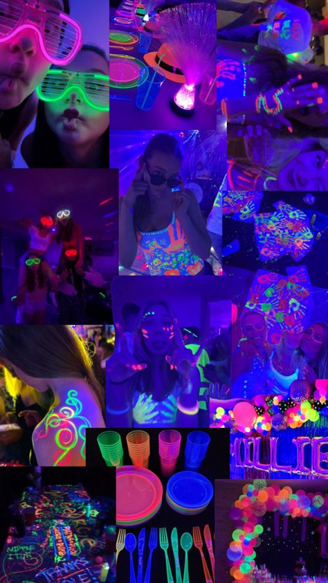 Glow Birthday Party Ideas, Neon Party Themes, Neon Pool Parties, 14th Birthday Party Ideas, 30th Birthday Themes, Pyjamas Party, 18th Birthday Party Themes, Glow In Dark Party, Neon Birthday Party