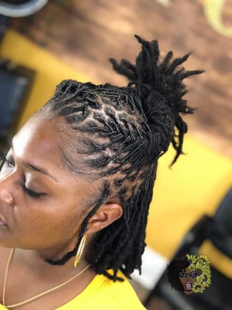 Lock Styles For Women Dreadlocks Updo, Starter Locs Professional Styles, Dreadlocks Styling For Women, Barrel Roll Updo Locs, Interlock Hairstyles Black Women, Small Loc Styles For Women, Wedding Guest Loc Styles, Short Locs Half Up Half Down, Women Loc Styles Short