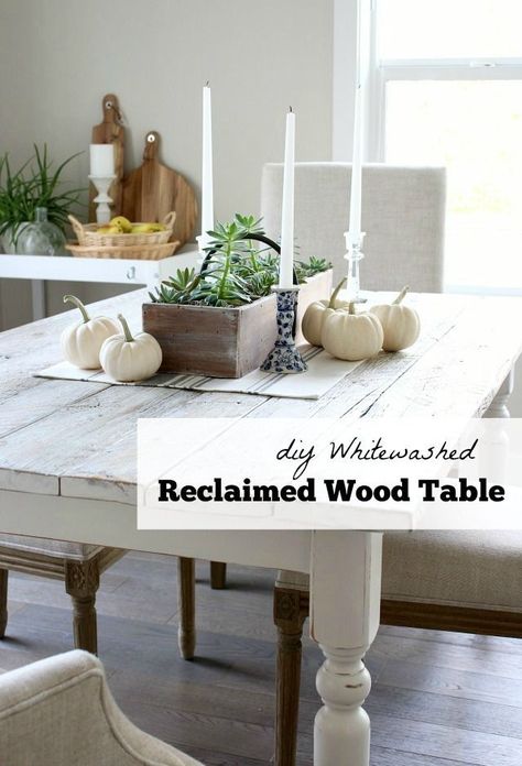 Have an existing dining table that's a bit dated? Learn how to build and finish a whitewashed reclaimed wood dining table to add a bit of farmhouse style to your kitchen or dining room. Step-by-step instructions at http://SatoriDesignforLiving.com Whitewash Dining Table, Rustic Farmhouse Dining Room, Diy Kitchen Table, Farmhouse Dining Room Table, Reclaimed Wood Dining Table, Reclaimed Wood Table, Table Farmhouse, Wood Dining Room, Farmhouse Dining Table