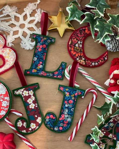 Liberty Christmas Decorations, Felt Letter Christmas Ornaments, Letter Felt Ornaments, Liberty Fabric Christmas Decorations, Liberty Christmas Stocking, Christmas Fair Ideas, Ornament Tutorial, Craft Club, Liberty Print