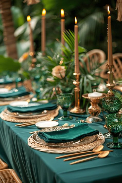 10 Stunning Green Themed Tablescapes For Every Occasion | The Olive Branch Nest Emerald Green Event Decor, Shades Of Green Birthday Theme, Emerald Party Decor, Seaweed Centerpiece, Emerald Green And Blue Wedding, Emerald Green Birthday Party Ideas, Green And Gold Party Decorations, Green And Gold Wedding Decor, Geometric Terrarium Centerpiece