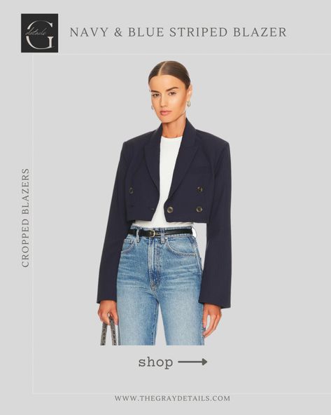 Navy Cropped Blazer, Blue Cropped Blazer Outfit, Dark Blue Blazer Outfits For Women, Dark Blue Blazer Outfit, Navy Blazer Outfit Women, Blazer Outfits For Women Work, Navy Blue Shirt Outfit, Short Blazer Outfits, Blue Trousers Outfit