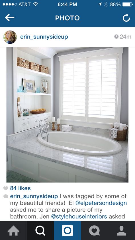 White beautiful bathroom Heat Lamp Bathroom, Tub Deck Ideas Bathroom, Bathtub Shelf, Bathroom Tubs, Tub Remodel, Decorating Bathrooms, Drop In Tub, Dream Bath, Tub Surround