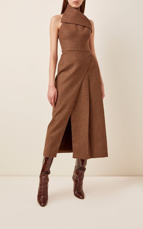 Moda Operandi 2024, Fall Dresses 2024, Winter Midi Dress Outfit, Moda Operandi Dress, Midi Halter Dress, Brandon Maxwell, Wool Clothing, Halter Midi Dress, Plaid Fashion