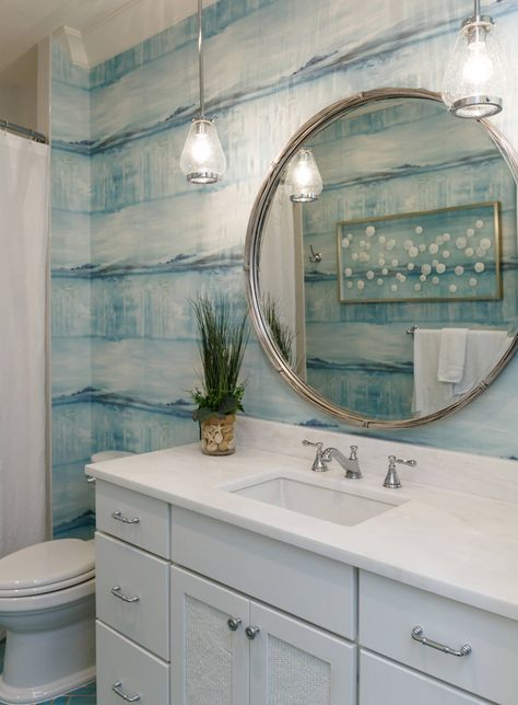 beach house bathroom with turquoise wallpaper Blue Shower Tile, Beach Style Bathroom, Beach House Bathroom, Bathroom Beach, Coastal Wallpaper, Wallpaper Bathroom, Coastal Bathroom, Serene Bathroom, White Shiplap Wall